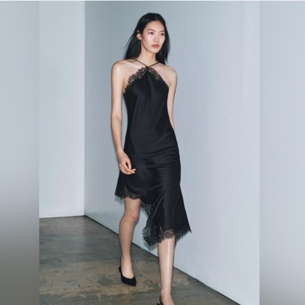 Zara NWT ZW Collection satin lace asymmetrical dress black 3641/811